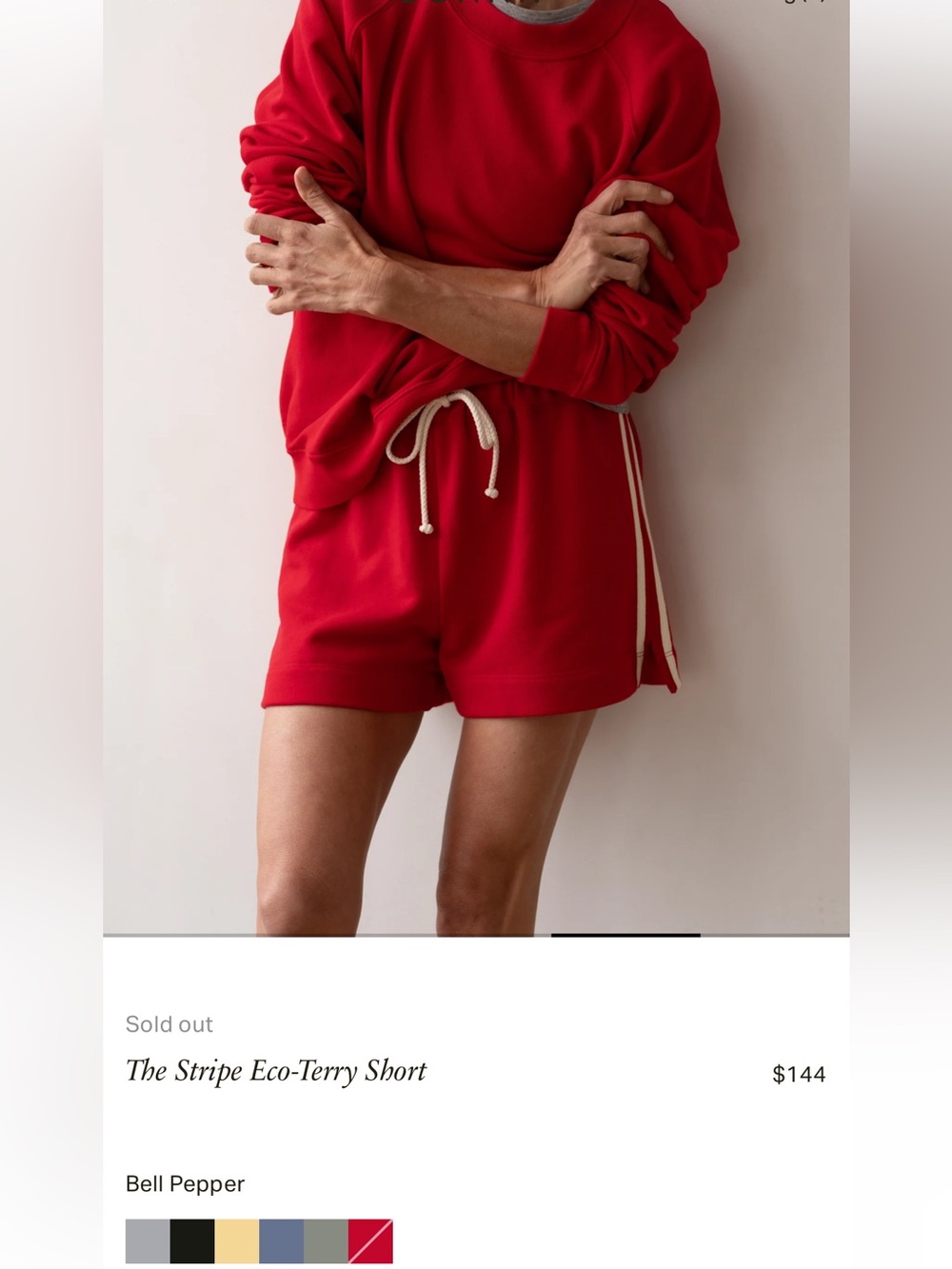 DONNI. Eco-Terry Striped Shorts in red bell pepper size small
